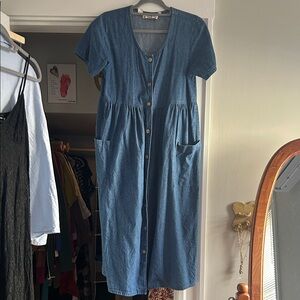 Vintage Orvis Midi 100% Cotton Denim Button-Down Dress